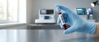 Medical professional in blue latex gloves holding blood sample vial in modern laboratory setting for diagnostic testing and healthcare analysis.