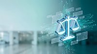 Digital justice scales with glowing circuit patterns and data streams representing legal technology, artificial intelligence in law, and modern judicial systems.