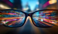 Eyeglasses with dynamic light trails and colorful motion blur effect seen through lenses against urban nightlife background, creating futuristic vision perspective.
