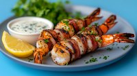 Grilled bacon-wrapped shrimp skewers served on white plate with creamy dipping sauce, fresh herbs and lemon wedge garnish against blue background.