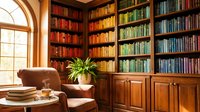 Cozy home library corner with floor-to-ceiling wooden bookshelves filled with colorful books, leather armchair, and natural window light for reading.