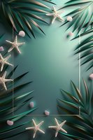 Tropical frame with palm leaves, starfish and seashells on turquoise background. White rectangular border creates elegant summer composition for design projects.