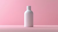 White cosmetic bottle on pink background, minimalist product photography for beauty and skincare packaging mockup. Clean modern design for branding presentation.