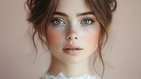 Young Caucasian woman with natural freckles, messy updo hairstyle, and striking blue eyes looking directly at camera against neutral beige background. Soft beauty portrait.