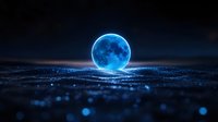 Mystical blue full moon reflection on dark water surface with bokeh light effects and starry night sky creating ethereal atmospheric scene.