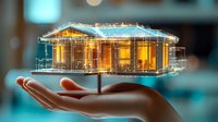 Glowing holographic house model floating above open palm, showcasing architectural design with illuminated structure and wireframe details.