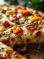 Fresh homemade pizza with melted mozzarella cheese, colorful cherry tomatoes and herbs on wooden surface, close up view showing stretchy cheese pull.
