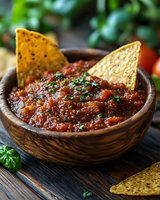 Fresh homemade salsa with chunky tomatoes, herbs and spices served in rustic wooden bowl, garnished with cilantro and tortilla chips for appetizer or snack.