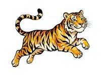 Playful tiger cub with black and gold stripes leaping forward, isolated on white background, ready for design projects, apparel, and clipart applications.