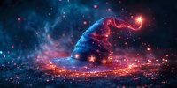 Magical glowing witch hat floating in dark space with sparkles and mystical blue and red nebula clouds, fantasy Halloween concept art panoramic background.