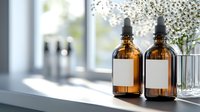 Amber glass dropper bottles with blank labels on white table near delicate white flowers in vase, natural light through window creates soft atmosphere.