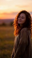 Young woman with curly hair enjoying peaceful sunset moment in nature wearing cozy sweater. Serene expression with eyes closed in golden hour light.