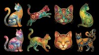 Colorful ornamental cats collection, isolated on transparent background, ready for stickers, t-shirt design, print on demand, sublimation, and clipart projects.