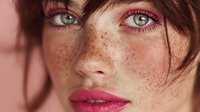 Close-up portrait of young Caucasian woman with freckles and green eyes wearing pink lipstick against soft pink background for beauty campaigns.