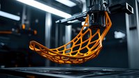 3D printer creating orange lattice structure with precise layering technology in modern manufacturing laboratory environment.
