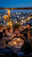 Friends celebrating with wine glasses on rooftop terrace at twilight with string lights and city skyline backdrop for social gatherings and dining experiences.