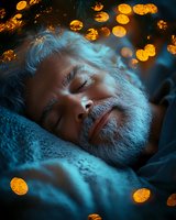 Senior Caucasian man with gray beard sleeping peacefully under warm blanket, illuminated by magical golden bokeh lights against dark blue atmospheric background.