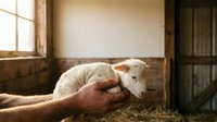 A farmer's hand gently touches a young lamb in a rustic barn setting with natural sunlight streaming through windows, capturing agricultural care and animal husbandry.