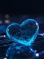 Glowing blue heart shape formed by connected dots and lines on dark background with bokeh effects, representing digital love and network connections.