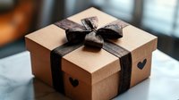 Elegant kraft paper gift box with dark brown satin ribbon and bow, featuring heart cutouts for romantic occasions and special celebrations.
