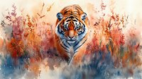 Majestic tiger emerging from autumn foliage in watercolor style, with vibrant orange and blue tones creating dramatic wildlife art composition against misty background.