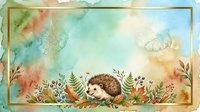 Watercolor hedgehog on floral autumn background with gold frame, soft teal and earthy tones, copy space for greeting cards and invitations.