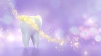 White molar tooth with magical golden glitter trail on soft purple bokeh background, dental care concept for orthodontics and oral hygiene promotion.