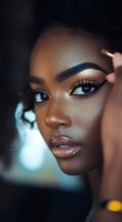 Young African American woman with flawless makeup application, dramatic winged eyeliner, and glossy lips in artistic beauty portrait with soft turquoise background lighting.
