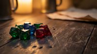 Colorful polyhedral dice set on rustic wooden table with warm ambient lighting for tabletop gaming and role-playing adventures.