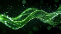 Abstract green wave of glowing particles flowing on dark background, creating dynamic digital light effect with bokeh elements.