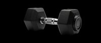 Pair of black hexagonal dumbbells with chrome handle isolated on transparent background, ready for fitness design, t-shirt graphics, gym posters, and print-on-demand products.