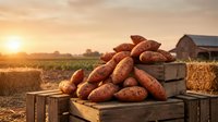 Fresh organic sweet potatoes harvested in wooden crates on farmland during golden hour sunset. Agricultural produce ready for market distribution.
