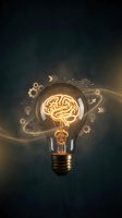 Glowing light bulb with brain filament surrounded by innovation icons representing creativity, intelligence and breakthrough ideas for business concepts.