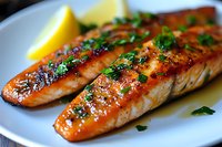 Grilled salmon fillets garnished with fresh herbs and lemon on white plate, showing juicy texture and caramelized surface with appetizing grill marks and glaze.