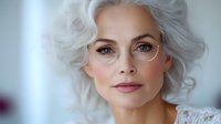 Elegant senior Caucasian woman with silver hair and glasses, natural makeup, confident gaze, soft studio lighting for beauty and lifestyle use.