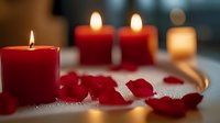 Red candles burning with rose petals scattered on white surface creating romantic atmosphere for Valentine's Day celebration or intimate dinner setting.