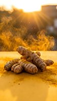 Fresh turmeric roots with golden powder explosion in warm sunlight creating dramatic culinary spice photography for cooking and health concepts.