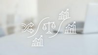 Business growth strategy concept with balance scales and rising charts on blurred office background for corporate planning presentations.