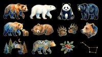 Watercolor bear collection featuring grizzly, polar, panda, and black bears with cubs, paw prints, forest trees, berries, and constellation isolated on transparent background. Ready for t-shirts, stickers, clipart, sublimation, and print-on-demand designs.