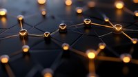 Abstract network connections with glowing golden nodes and connecting lines representing digital technology, data flow, and modern communication systems.