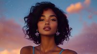Young African American woman with curly hair and star earrings against dreamy twilight sky with soft clouds and starlight for beauty and fashion concepts.