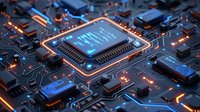 Glowing microprocessor on circuit board with orange and blue neon lighting effects, electronic components and pathways creating futuristic technology mood.