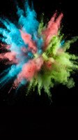 Vibrant multicolored powder explosion with blue, pink, green hues bursting against black background for creative design projects and artistic concepts.