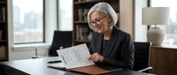Senior woman with white hair and glasses wearing dark blazer reviewing documents at office desk with city view.