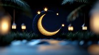 Golden crescent moon with stars against dark night sky, surrounded by palm trees and glowing lanterns for Ramadan or Eid celebration.