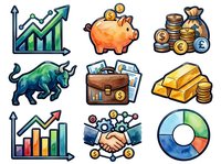 Isolated financial and investment icons set featuring growth charts, piggy bank, stacked coins, bull market symbol, business briefcase, gold bars, handshake partnership, and pie chart for business presentations and design projects.