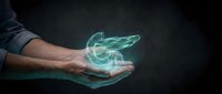 Businessman holding glowing green holographic car projection in cupped hands against dark background for automotive technology and innovation concepts.