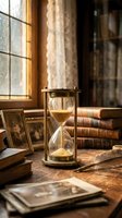 Vintage hourglass with golden sand on wooden desk surrounded by old books and photographs in warm sunlight streaming through window for timeless concepts.