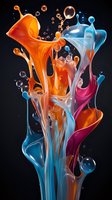 Dynamic multicolored liquid splash with vibrant orange blue and pink paint drops creating artistic fluid motion against dark background for creative design.