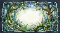Enchanted forest frame with magical trees, flowers and glowing lights creating mystical woodland border for fairy tale designs and fantasy artwork.